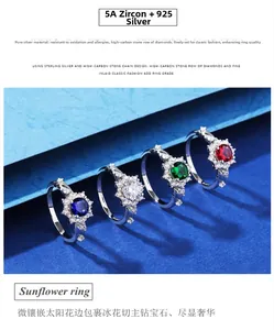 Detailed view of four 925 silver sunflower rings with 5A cubic zirconia ice flower cut