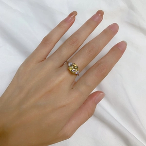 Macro shot of 925 silver ring featuring square yellow ice-cut gemstone and side stones