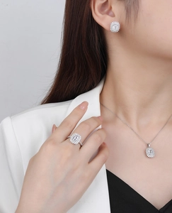 Macro view of S925 silver emerald cut jewelry set with ring, necklace and earrings