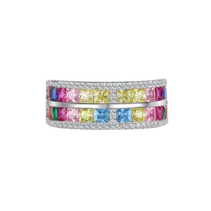Regenbogen Edelstein Ring aus S925 Sterlingsilber mit bunten Steinen im Prinzess-Schliff