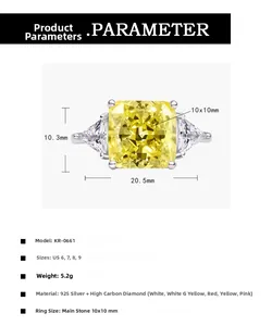 Detailed specs of 10x10mm yellow carbon diamond ring in 925 silver with weight info