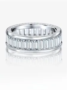 Macro detail of an eternity band ring with baguette-cut zircons set in S925 sterling silver