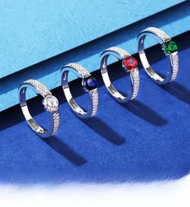 Detailed view of S925 silver rings with colorful round-cut zircon and micro-pave setting