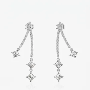 925 Sterling Silver Long Drop Earrings For Women Geometric Princess Cut Zirconia Inlaid Elegant Tassel Dangle Earrings Jewelry