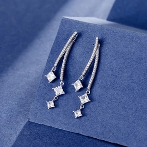 Elegant S925 sterling silver drop earrings with princess-cut cubic zirconia in a modern style