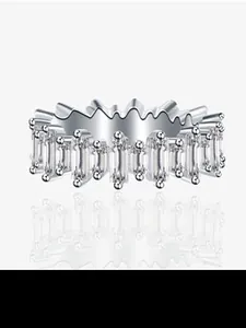 Macro view of sterling silver ring with three rows of emerald cut zirconia stones