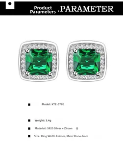 Detail view of S925 silver emerald cut earrings with halo zircon setting and 6mm main stone
