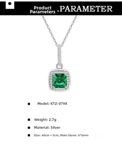Détails du collier pendentif émeraude carrée avec halo de diamants et dimensions précises