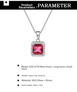 Macro detail of S925 sterling silver necklace with a square red ruby gemstone pendant