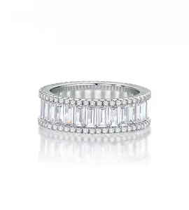 Macro detail of S925 silver ring with rectangle baguette and round pavé cubic zirconia