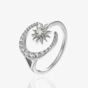 Anello Aperto in Argento Sterling 925 Stella Luna per Donna con Zirconia Intarsiata Anello Regolabile Gioielli Moda Stile Ins Regalo