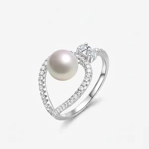 Elegant 925 Sterling Silver Artificial Pearl Ring For Women Zirconia Inlaid Asymmetrical Leaf Wrap Wedding Party Jewelry
