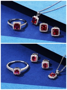 Artistic detail of S925 sterling silver jewelry set with square red ruby gemstones