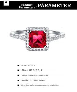 Detailed specs for S925 silver halo ring featuring square red zircon and micro pavé stones