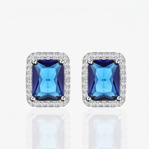S925 Sterling Silver Simulated Sapphire Stud Earrings Emerald Cut Zirconia Halo Geometric Studs Classic Women Jewelry Gift