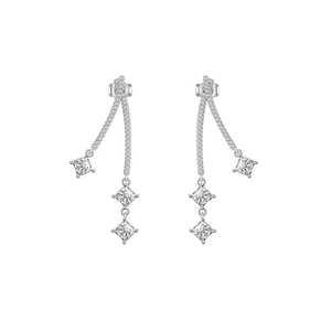 S925 sterling silver long drop earrings with princess cut zircons on white background