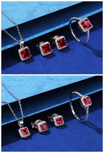 Macro detail of S925 sterling silver stamp on red ruby gemstone jewelry set