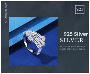Detailed macro view of S925 sterling silver ring with multi-layer baguette and round diamonds
