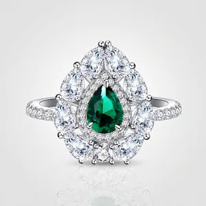 Luxury S925 Silver Pear Shaped Artificial Emerald Ring Rhinestone Halo Cocktail Jewelry For Women Anniversary Wedding Gift
