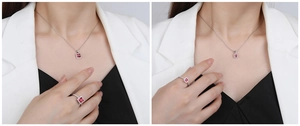 Detailed view of square ruby pendant and ring with micro-paved diamonds on S925 silver