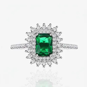 925 Sterling Silver Ring For Women Sunflower Halo Simulated Emerald Zirconia Ring Emerald Cut Inlaid Jewelry Finger Ring