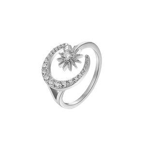 Anello regolabile in argento 925 con luna crescente e stella decorati con zirconi pavé