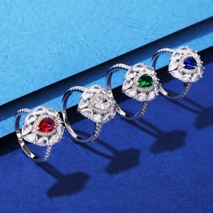 S925 silver rings with heart-shaped synthetic gemstones in red, white, green and blue