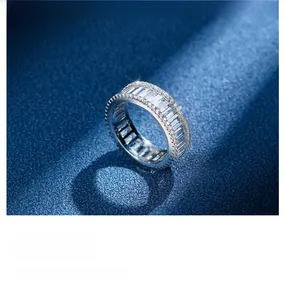 Macro shot of S925 silver eternity ring with baguette and round cubic zirconia stones