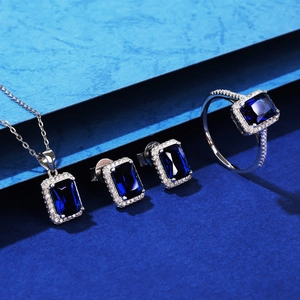 Classic S925 silver jewelry set with emerald-cut blue sapphire necklace, ring and earrings