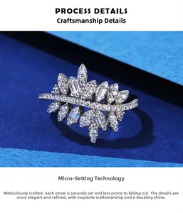 Détail de la bague feuille en argent S925 avec zircons scintillants sertis en micro