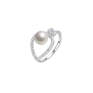 Elegant S925 sterling silver ring with a large white pearl and pavé cubic zirconia accents