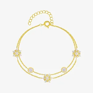 Doppelschichtiges 925 Sterlingsilber Schneeflocke Blume Strass Armband Für Damen Verstellbar Minimalistisch Elegant Feiner Schmuck Handzubehör Geburtstagsgeschenk Party Ornament
