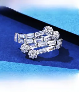Macro shot of S925 silver multi-layer ring featuring micro-pave baguette and round stones