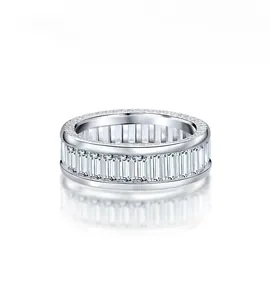Macro shot of S925 silver ring with baguette and round cubic zirconia in a wide band