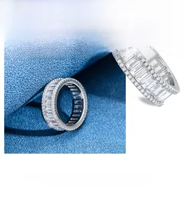 Macro detail of S925 sterling silver band with rectangular high-carbon stone pavé setting