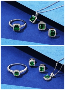 Detailed view of S925 silver jewelry set featuring emerald-cut green gemstones and diamonds
