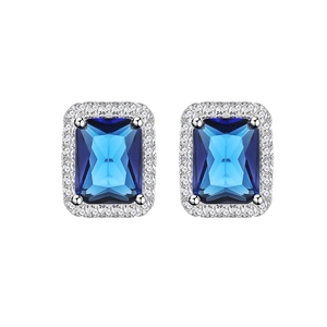 Classic S925 sterling silver stud earrings with rectangle sapphire halo design