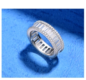 Close-up of S925 sterling silver eternity ring with baguette and round cut stones