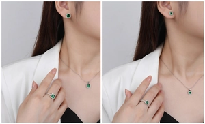 Elegant 925 sterling silver jewelry set featuring emerald-cut green gemstones on model