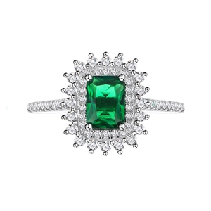 S925 silver ring featuring a large emerald-cut green gemstone with double halo stones