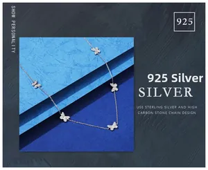 Detailed view of S925 sterling silver butterfly necklace with high carbon stone inlays