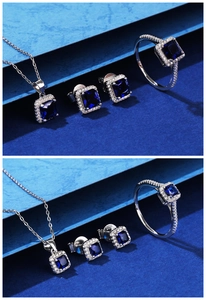 Macro shot of S925 hallmark on silver jewelry set with blue sapphire gemstones