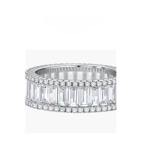 Macro shot of S925 sterling silver baguette cut cubic zirconia ring with fine pave details