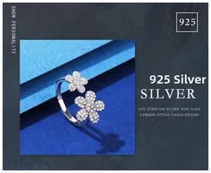 Close-up of S925 sterling silver daisy ring featuring double flower pavé-set stones