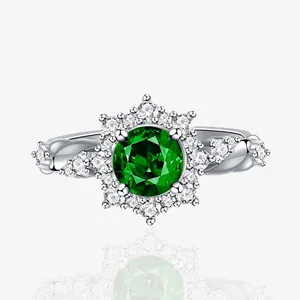 Luxury 925 Sterling Silver Round Zirconia Halo Ring For Women Sunflower Geometric Twisted Band Engagement Jewelry Finger Ring