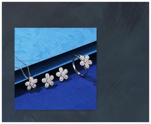 Detailed set of micro-set floral sterling silver necklace earrings and ring jewelry