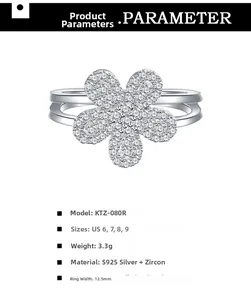 Macro view of 925 sterling silver five-petal flower ring with detailed size parameters