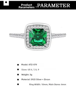 Detail view of S925 sterling silver ring with square green zircon and product dimensions