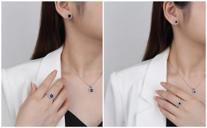 Detailed halo setting with emerald-cut deep blue gemstones on necklace and ring set