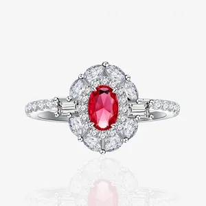 925 Sterling Silver Oval Halo Ring Vintage Luxurious Inlaid Red Blue Green White Rhinestone Engagement Wedding Jewelry For Women